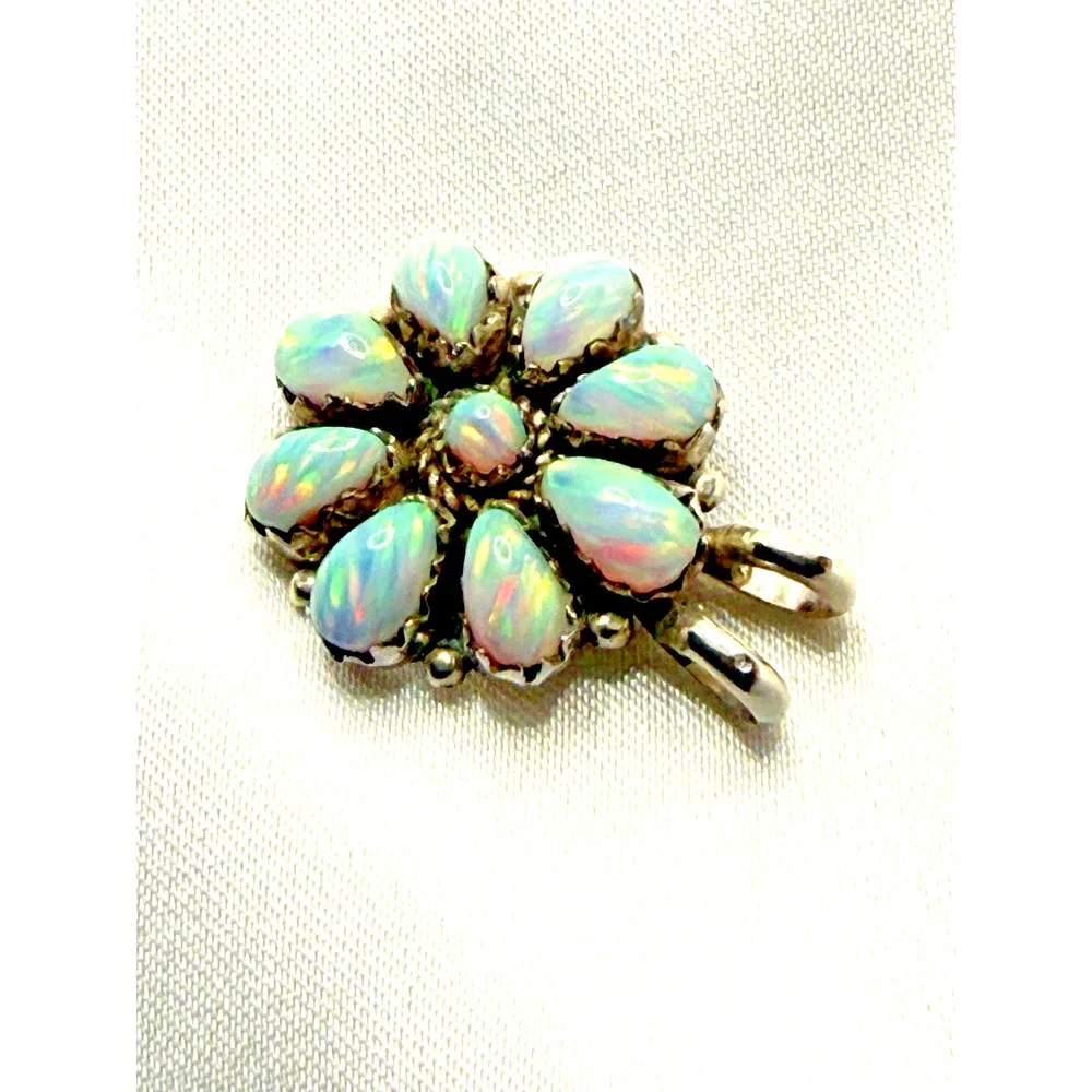Vintage Zuni Eriacho Sterling Silver Opal Cluster Floral Pendant One of a Kind